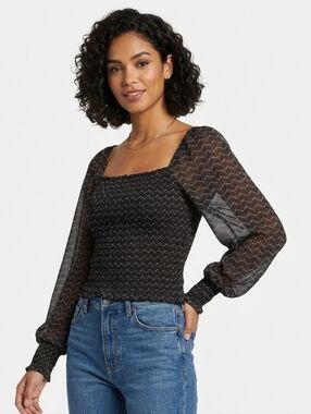 Anthropologie Geometric Print Smocked Blouse Size S Black Cream Long Sleeve Top